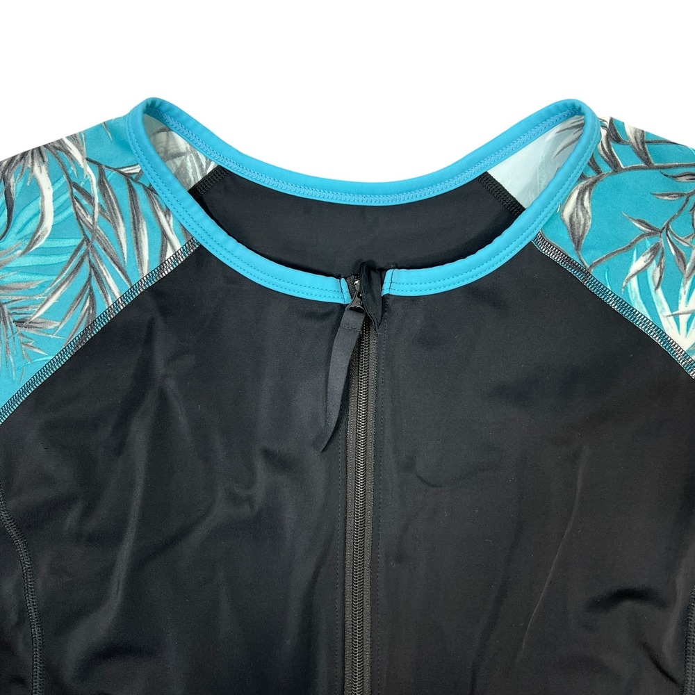 Swim by Cacique Rash Guard 20 Black Turquoise Tropical Palm Half-Zip Swim Top - Picture 4 of 8